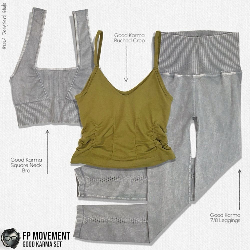 FP MOVEMENT GOOD KARMA SET: RUCHED CROP, SQUARE NECK BRA, LEGGINGS GREEN & GREY